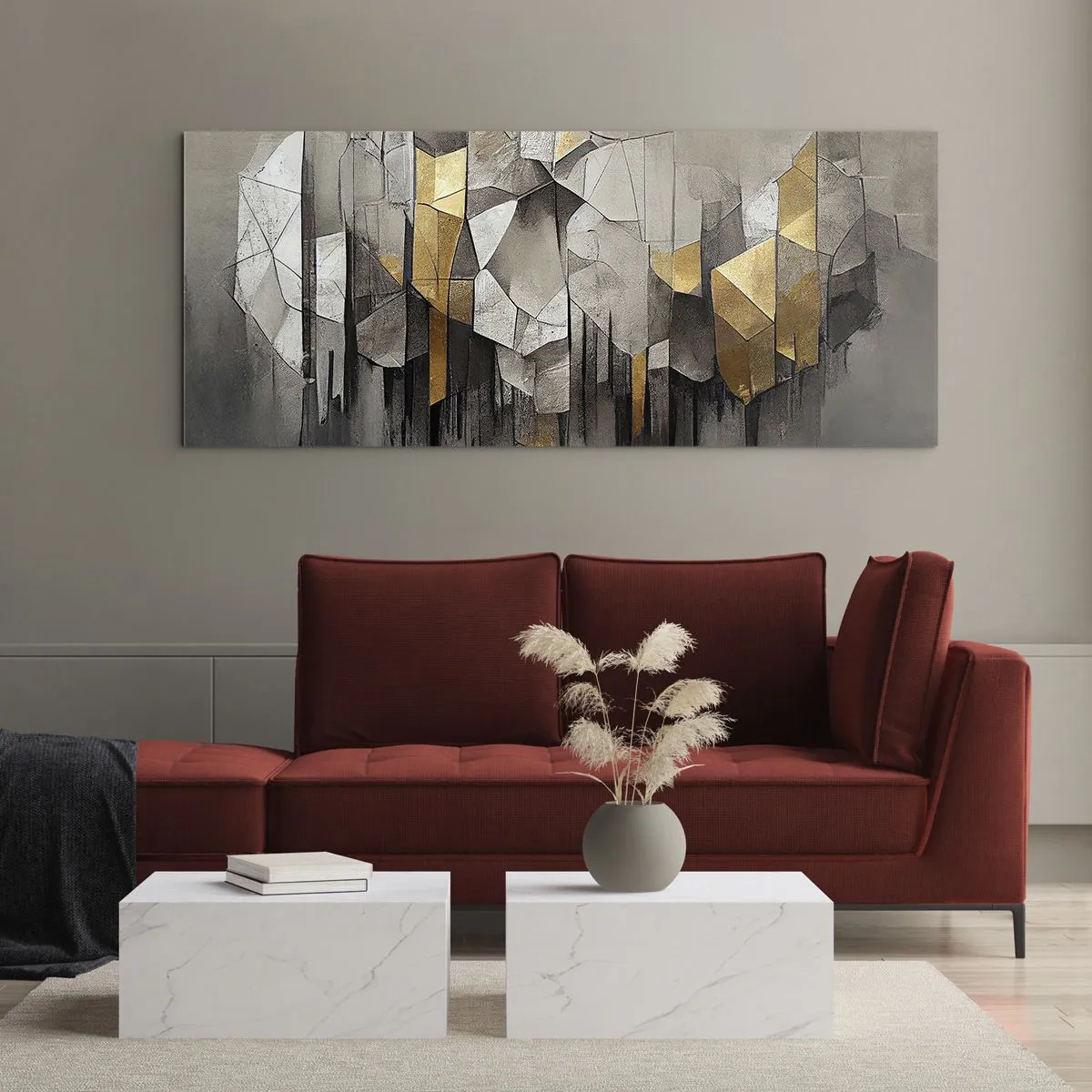 Glasbild - Bild auf glas - Geometrische Abstraktion in Gold- und Grautönen - 140x50cm - Komposition aus Eis und Licht - Moderne Wanddekoration für Wohnzimmer und Schlafzimmer ARTTOR