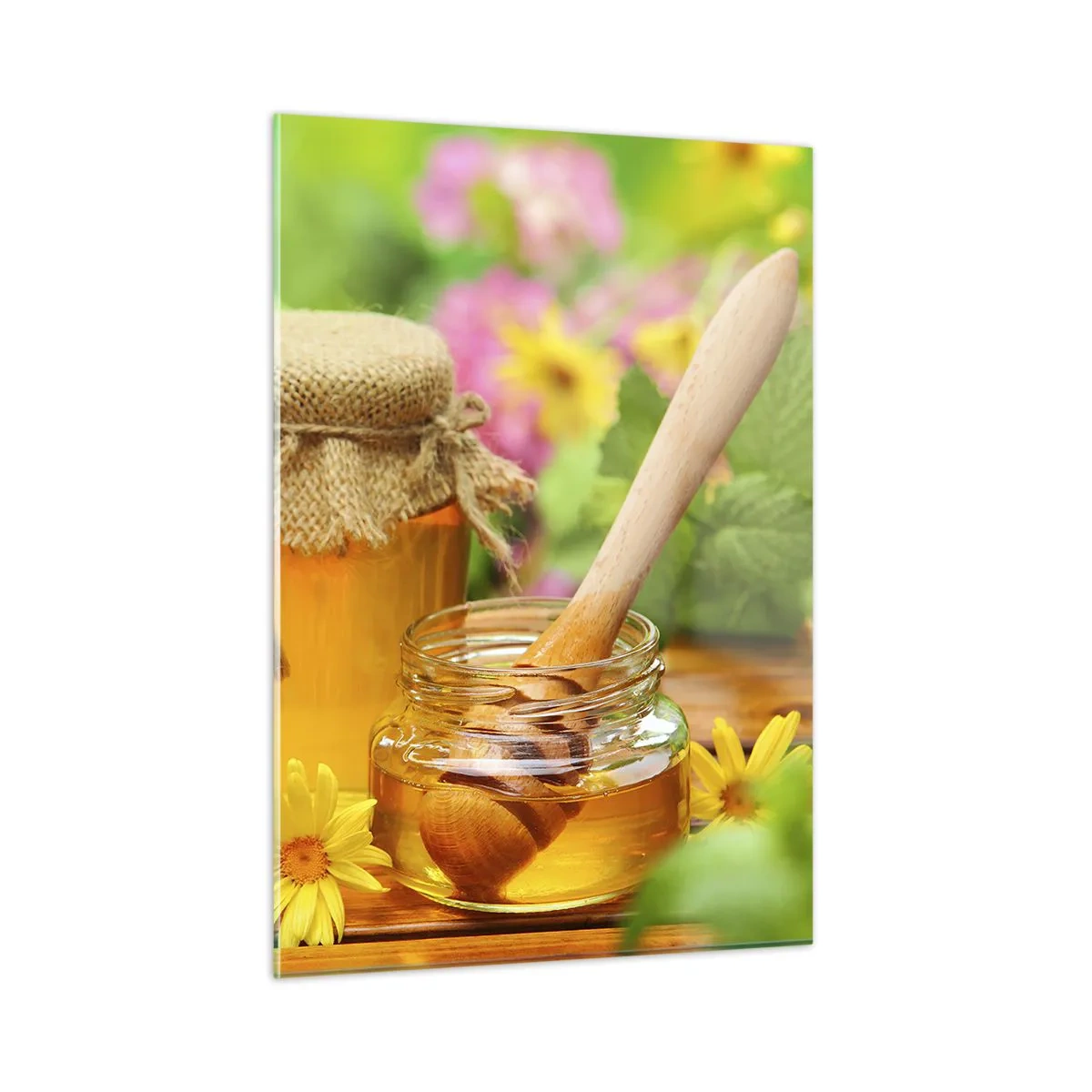 Glasbild - Bild auf glas - Gläser mit Honig vor einem Hintergrund von Blumen im Garten - 50x70cm - Süß und blumig - Moderne Wanddekoration für Wohnzimmer und Schlafzimmer ARTTOR