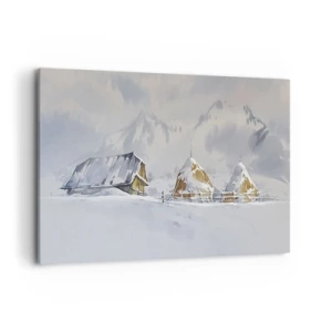 Bild auf Leinwand - Leinwandbild - Winterlandschaft mit Hütte und Heuhaufen in den Bergen - 120x80cm - In einem verschneiten Talkessel - Moderne Wanddekoration für Wohnzimmer und Schlafzimmer ARTTOR