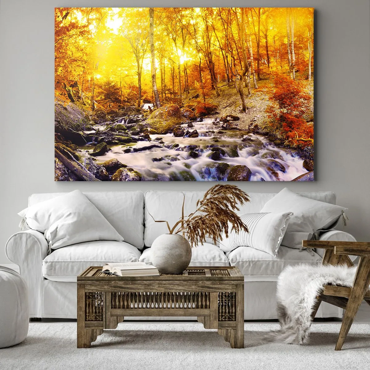 Bild auf Leinwand - Leinwandbild - Herbstwald mit einem Bach zwischen goldenen Blättern - 70x50cm - In Gold und Platin gefasste Steine - Moderne Wanddekoration für Wohnzimmer und Schlafzimmer ARTTOR