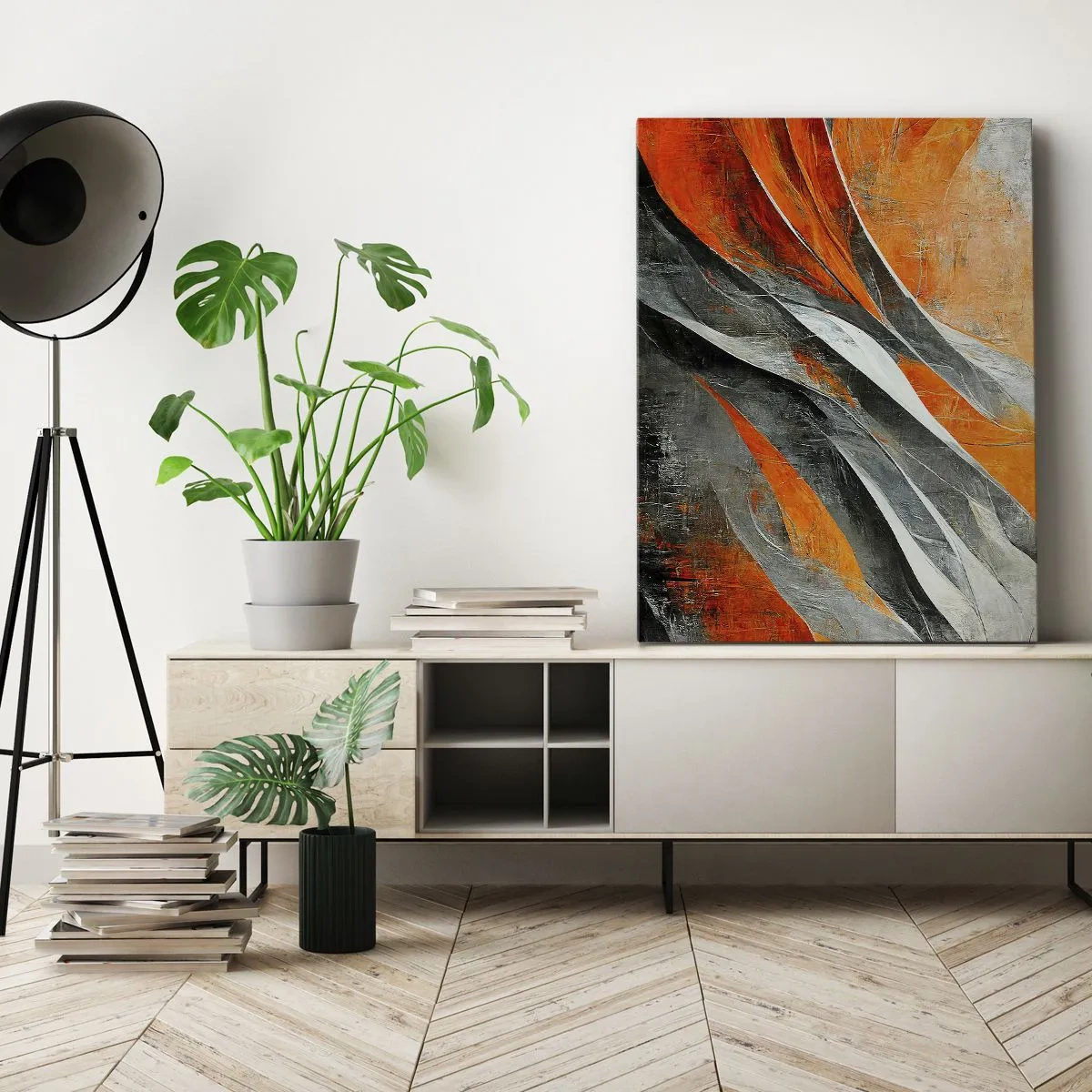 Bild auf Leinwand - Leinwandbild - Abstrakte Linien in Orange- und Grautönen - 70x100cm - Hitze und Kälte - Moderne Wanddekoration für Wohnzimmer und Schlafzimmer ARTTOR