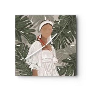 Wanduhr - Glasuhr - Porträt einer Frau in einem weißen Kleid vor einem Hintergrund aus Monstera-Blättern - 30x30cm - Exotisches Porträt - Moderne Wanddekoration für Wohnzimmer und Schlafzimmer ARTTOR