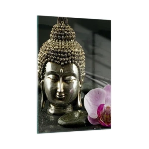 Glasbild - Bild auf glas - Buddhistischer Kopf mit einer rosa Blume auf einem Hintergrund aus Steinen - 50x70cm - Harmonie von Weisheit und Schönheit - Moderne Wanddekoration für Wohnzimmer und Schlafzimmer ARTTOR