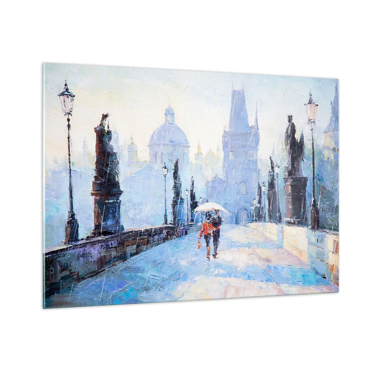 Glasbild - Bild auf glas - An einem regnerischen Tag mit einem Regenschirm über eine historische Brücke spazieren - 100x70cm - Der Regen muss uns verzaubert haben - Moderne Wanddekoration für Wohnzimmer und Schlafzimmer ARTTOR