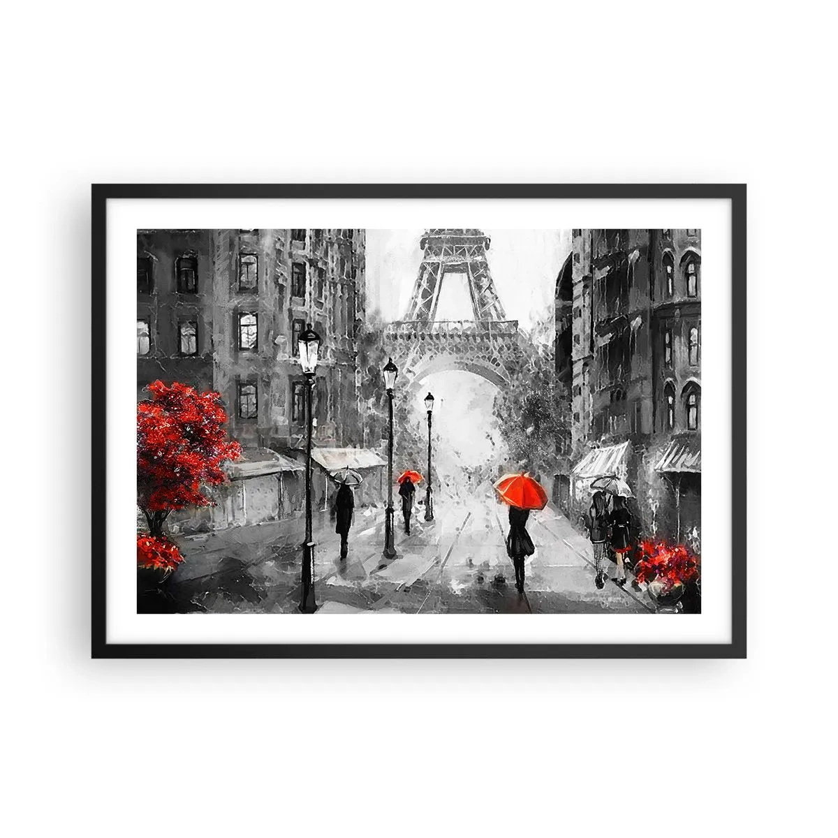 Poster in einem schwarzem Rahmen - Eine Straße mit Blick auf den Eiffelturm und roten Regenschirmen - 70x50cm - Alle Wege führen zu ihr - Moderne Wanddekoration für Wohnzimmer und Schlafzimmer ARTTOR