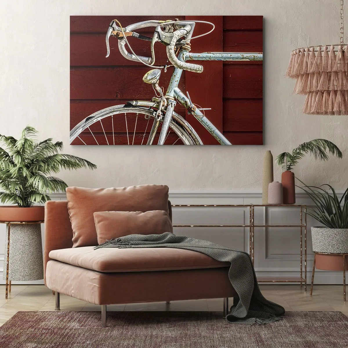 Bild auf Leinwand - Leinwandbild - Ein Vintage-Fahrrad vor einer roten Holzwand - 70x50cm - Geschaffen um zu siegen - Moderne Wanddekoration für Wohnzimmer und Schlafzimmer ARTTOR