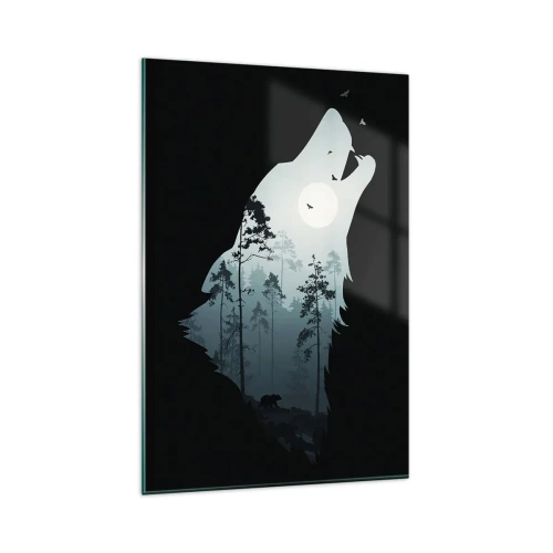 Glasbild - Bild auf glas - Silhouette eines Wolfes mit Wald und Mond im Hintergrund - 80x120cm - Die Stimme der Waldnacht - Moderne Wanddekoration für Wohnzimmer und Schlafzimmer ARTTOR