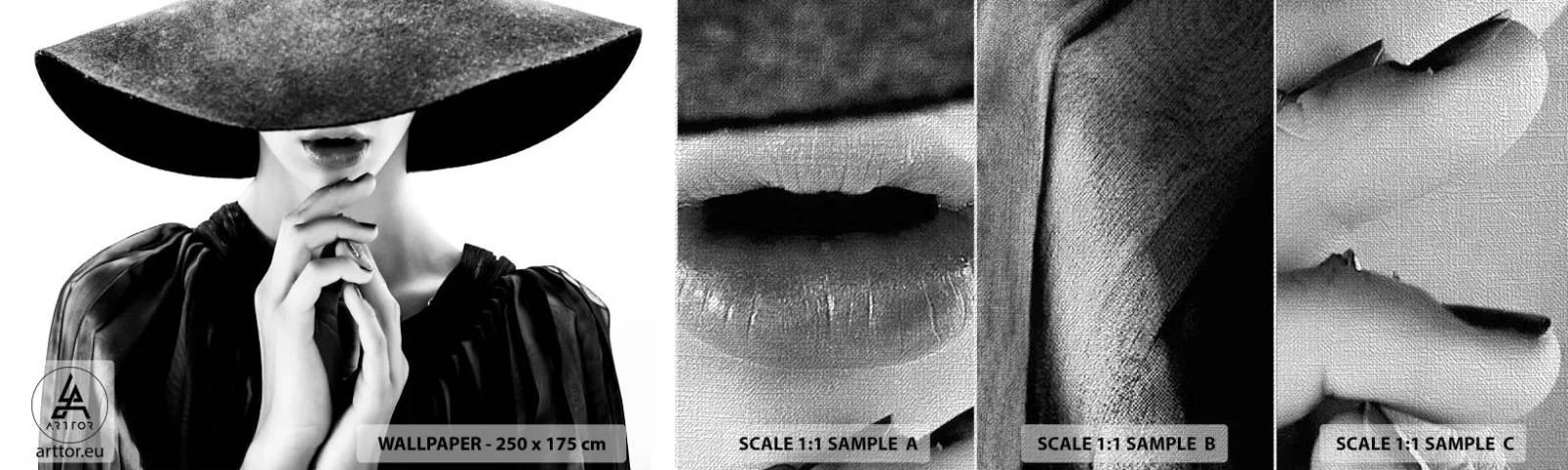 Fototapeten Muster Premium Canvas - Versteckte Schönheit - Frau, In, A, Hat, Frauenhände, Mode - 100x30 cm