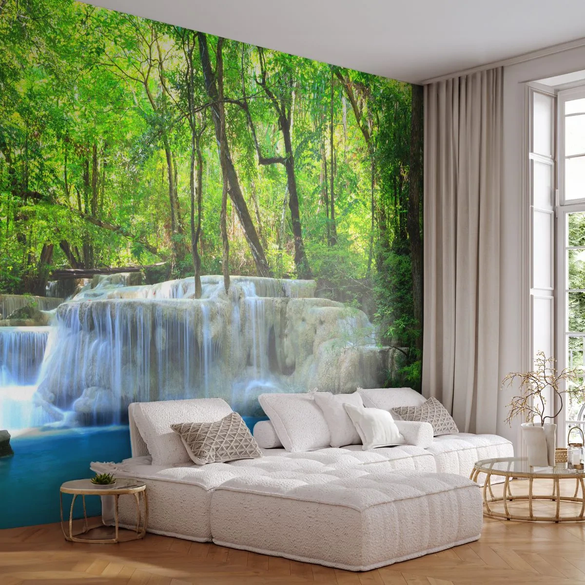 Fototapete Premium Sand - Ein exotischer Wasserfall in einem grünen tropischen Wald - 100x70cm - In Türkis und Grün ertrinken - Moderne Wanddekoration für Wohnzimmer und Schlafzimmer ARTTOR