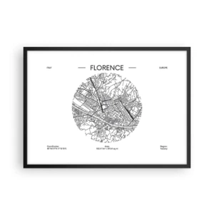 Poster in einem schwarzem Rahmen - Eine Karte von Florenz im minimalistischen Schwarz-Weiß-Stil - 70x50cm - Anatomie von Florenz - Moderne Wanddekoration für Wohnzimmer und Schlafzimmer ARTTOR