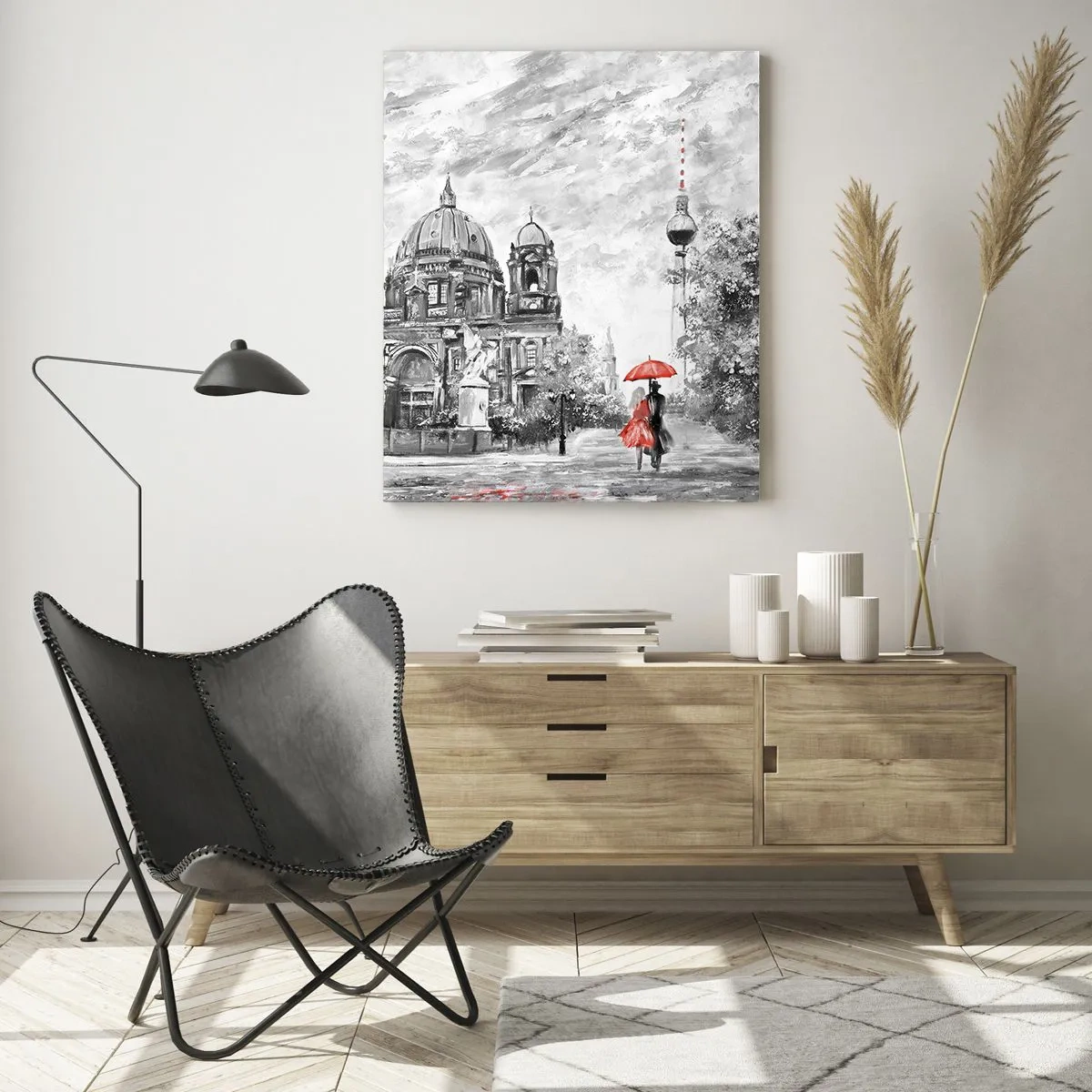 Glasbild - Bild auf glas - Berliner Dom mit rotem Akzent in monochromen Tönen - 50x70cm - Berliner Treffen - Moderne Wanddekoration für Wohnzimmer und Schlafzimmer ARTTOR