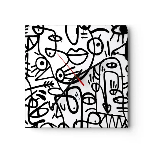 Wanduhr - Glasuhr - Schwarz-weiße abstrakte Zeichnungen mit Gesichtsmotiven - 30x30cm - Gesichter und Luftspiegelungen - Moderne Wanddekoration für Wohnzimmer und Schlafzimmer ARTTOR