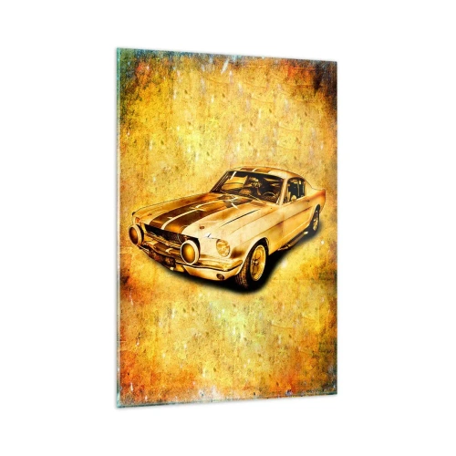 Glasbild - Bild auf glas - Klassischer Retro-Sportwagen auf Vintage-Hintergrund in Goldtönen - 80x120cm - Die verrückten 70er Jahre - Moderne Wanddekoration für Wohnzimmer und Schlafzimmer ARTTOR