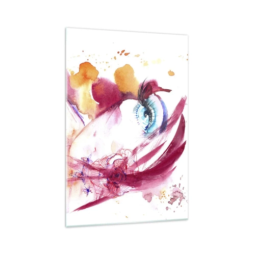 Glasbild - Bild auf glas - Ein abstraktes Gesicht mit ausdrucksstarken Augen und roten Akzenten. - 70x100cm - Die Welt gedeiht in der Nähe - Moderne Wanddekoration für Wohnzimmer und Schlafzimmer ARTTOR