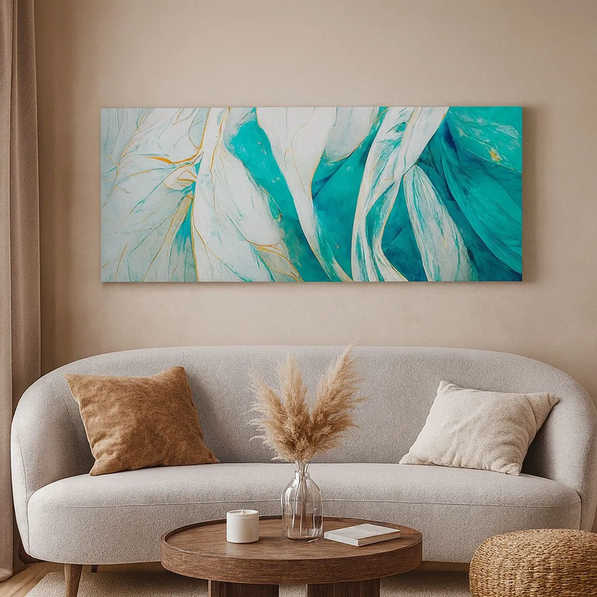 Bild auf Leinwand - Leinwandbild - Blaue Abstraktion mit goldenem Motiv - 100x40 cm