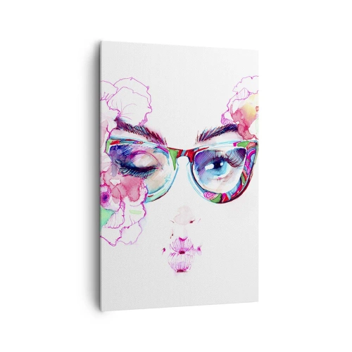 Bild auf Leinwand - Leinwandbild - Aquarellgesicht mit bunten Gläsern und Blumen - 80x120cm - Ein verlockendes Versprechen - Moderne Wanddekoration für Wohnzimmer und Schlafzimmer ARTTOR