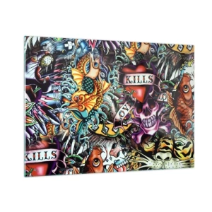 Glasbild - Bild auf glas - Eine farbenfrohe Komposition aus Mustern, inspiriert von der Tattoo-Kunst - 100x70cm - Der Traum des Tätowierers - Moderne Wanddekoration für Wohnzimmer und Schlafzimmer ARTTOR