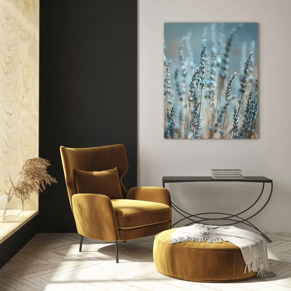 Glasbild - Bild auf glas - Lavendel im Feld in dezenten Pastelltönen - 70x100cm - Duftendes Kornfeld - Moderne Wanddekoration für Wohnzimmer und Schlafzimmer ARTTOR