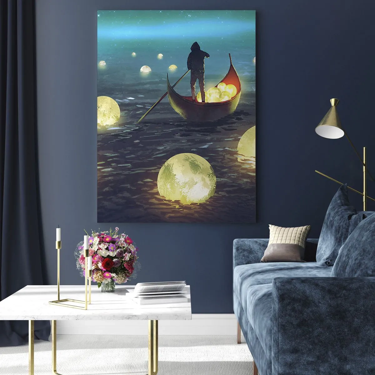 Glasbild - Bild auf glas - Ein Boot mit Laternen auf dem Wasser in einer surrealen Landschaft - 50x70cm - Dinge, von denen Philosophen nie geträumt haben - Moderne Wanddekoration für Wohnzimmer und Schlafzimmer ARTTOR