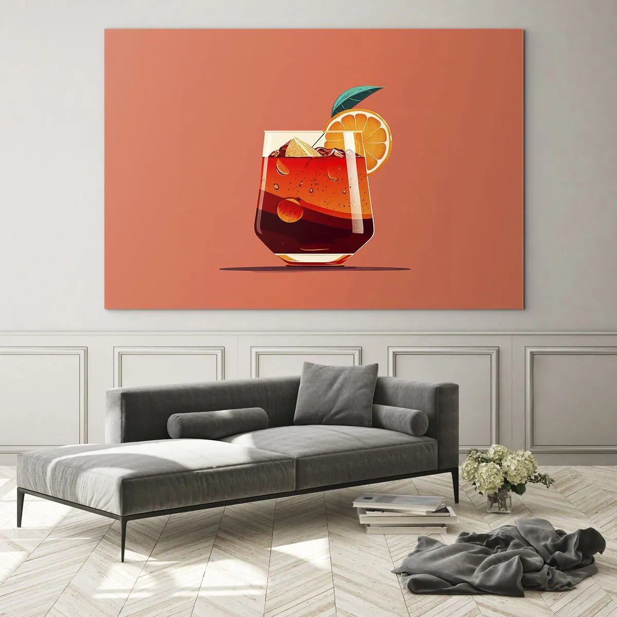 Glasbild - Bild auf glas - Ein farbenfrohes Getränk mit Orange auf einem warmen Pfirsichhintergrund - 120x80cm - Sommerliche Erfrischung - Moderne Wanddekoration für Wohnzimmer und Schlafzimmer ARTTOR