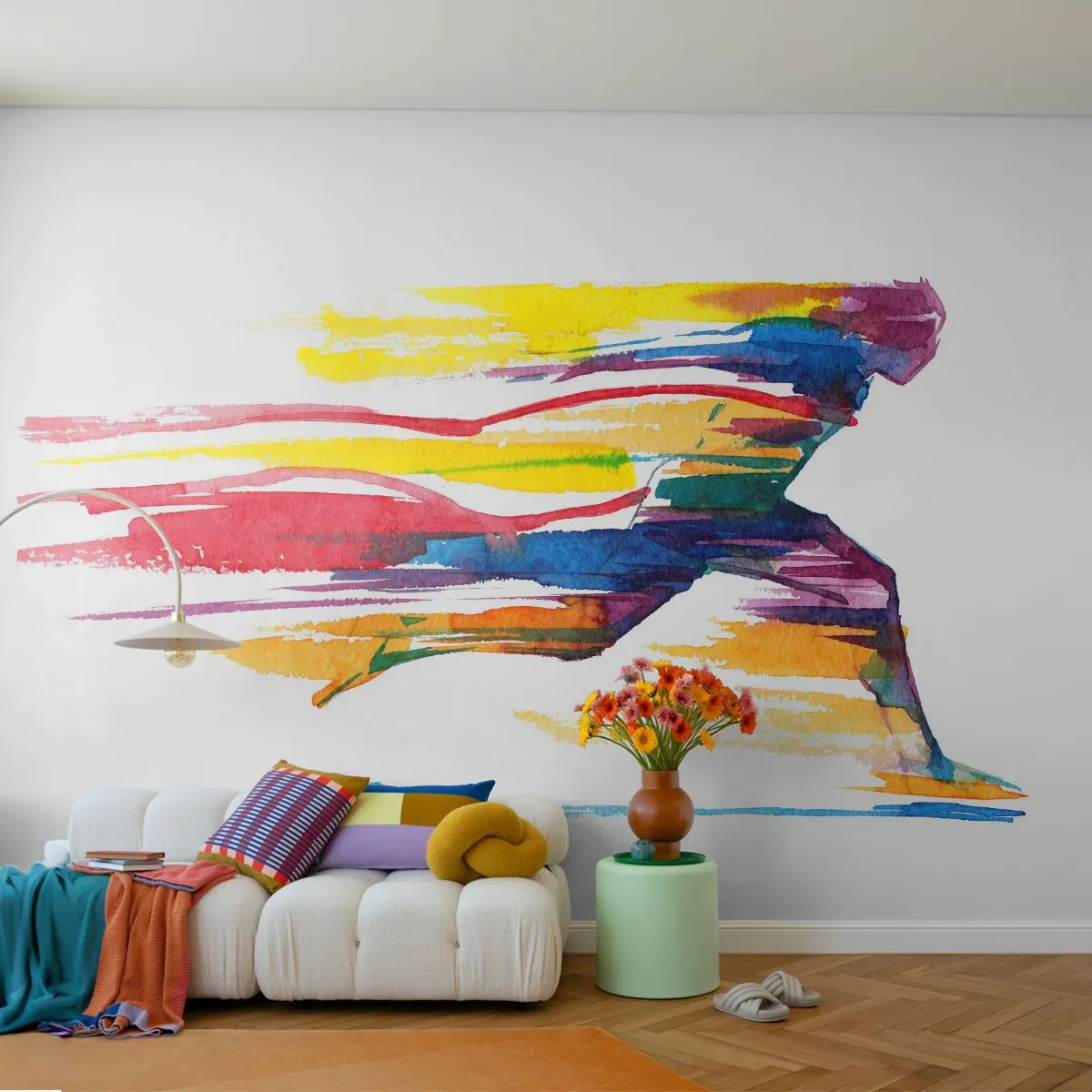 Selbstklebende Fototapete Deluxe Sticker - Über den Regenbogen laufen - Abstraktion, Sport, Läufer - 250x175 cm
