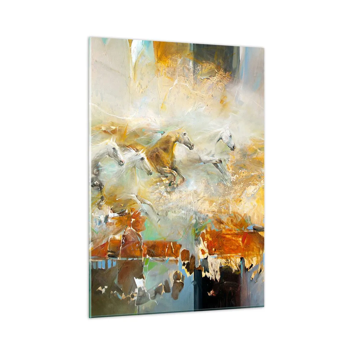 Glasbild - Bild auf glas - Abstrakte Pferde in dynamischer Bewegung - 50x70cm - Im Galopp durch das Licht - Moderne Wanddekoration für Wohnzimmer und Schlafzimmer ARTTOR