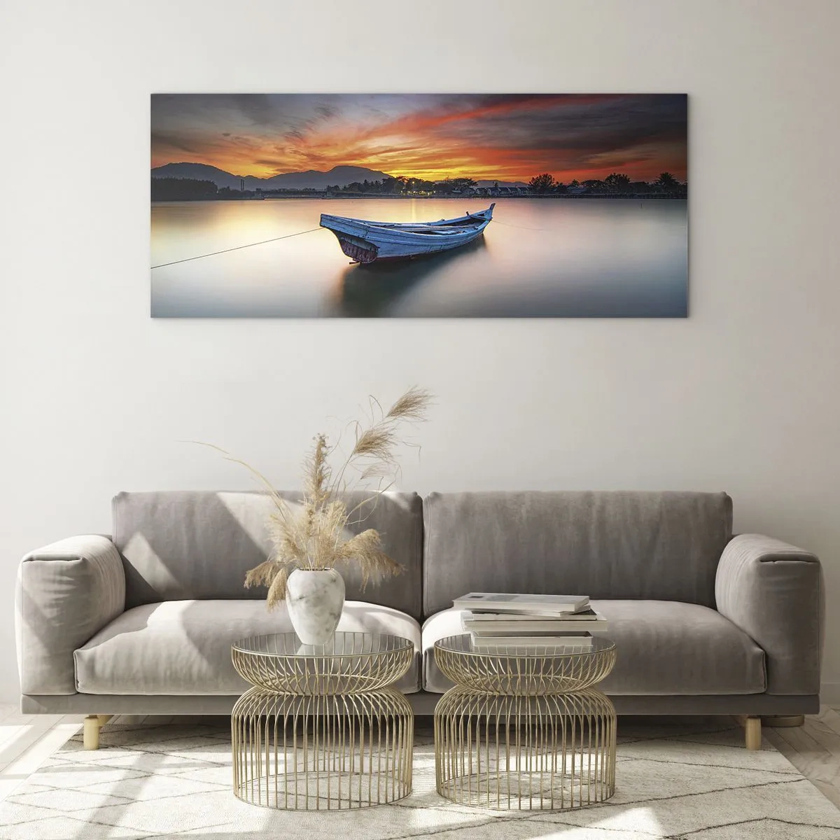 Glasbild - Bild auf glas - Ein Boot auf dem Wasser während eines malerischen Sonnenuntergangs - 120x50cm - Eine gute Nacht kommt - Moderne Wanddekoration für Wohnzimmer und Schlafzimmer ARTTOR