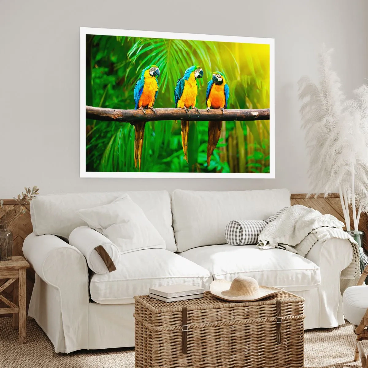 Poster - Drei bunte Papageien vor einem Hintergrund aus tropischem Grün - 100x70cm - Und hast du gehört, dass sie ...? - Moderne Wanddekoration für Wohnzimmer und Schlafzimmer ARTTOR