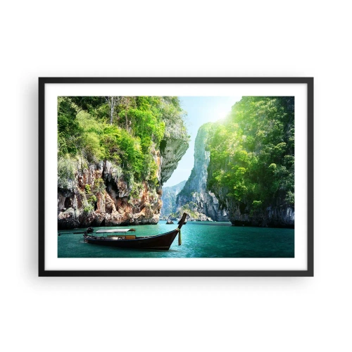 Poster in einem schwarzem Rahmen - Ein traditionelles Boot vor der Kulisse tropischer Klippen und türkisfarbenem Wasser - 70x50cm - Eine Einladung zu einer exotischen Reise - Moderne Wanddekoration für Wohnzimmer und Schlafzimmer ARTTOR