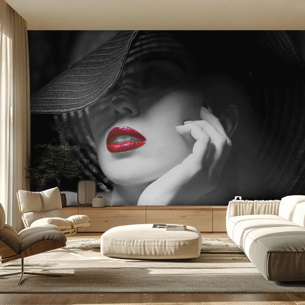 Maßgeschneiderte Fototapete Premium Canvas - Eine Studie in Scharlachrot - Frau, rote Lippen, Mode