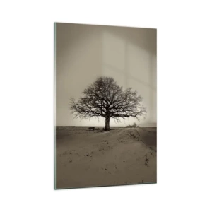 Glasbild - Bild auf glas - Ein einsamer Baum in einem Sepia-Feld - 80x120cm - Von hier zu Ewigkeit - Moderne Wanddekoration für Wohnzimmer und Schlafzimmer ARTTOR