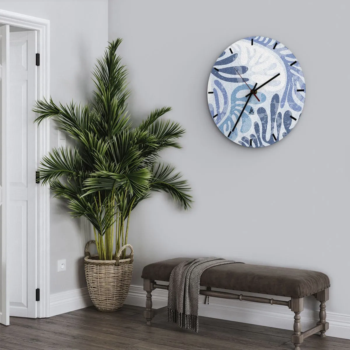 Wanduhr - Glasuhr - Blaue Farne - 30x30 cm