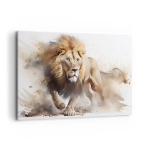 Bild auf Leinwand - Leinwandbild - Ein dynamisches Porträt eines Löwen in natürlichen Farben. - 120x80cm - Der König zog um - Moderne Wanddekoration für Wohnzimmer und Schlafzimmer ARTTOR