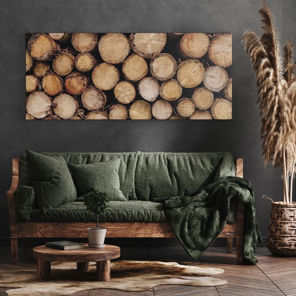 Bild auf Leinwand - Leinwandbild - Stapel gefällter Baumstämme in harmonischer Anordnung - 160x50cm - Ein neuer Anfang - Moderne Wanddekoration für Wohnzimmer und Schlafzimmer ARTTOR
