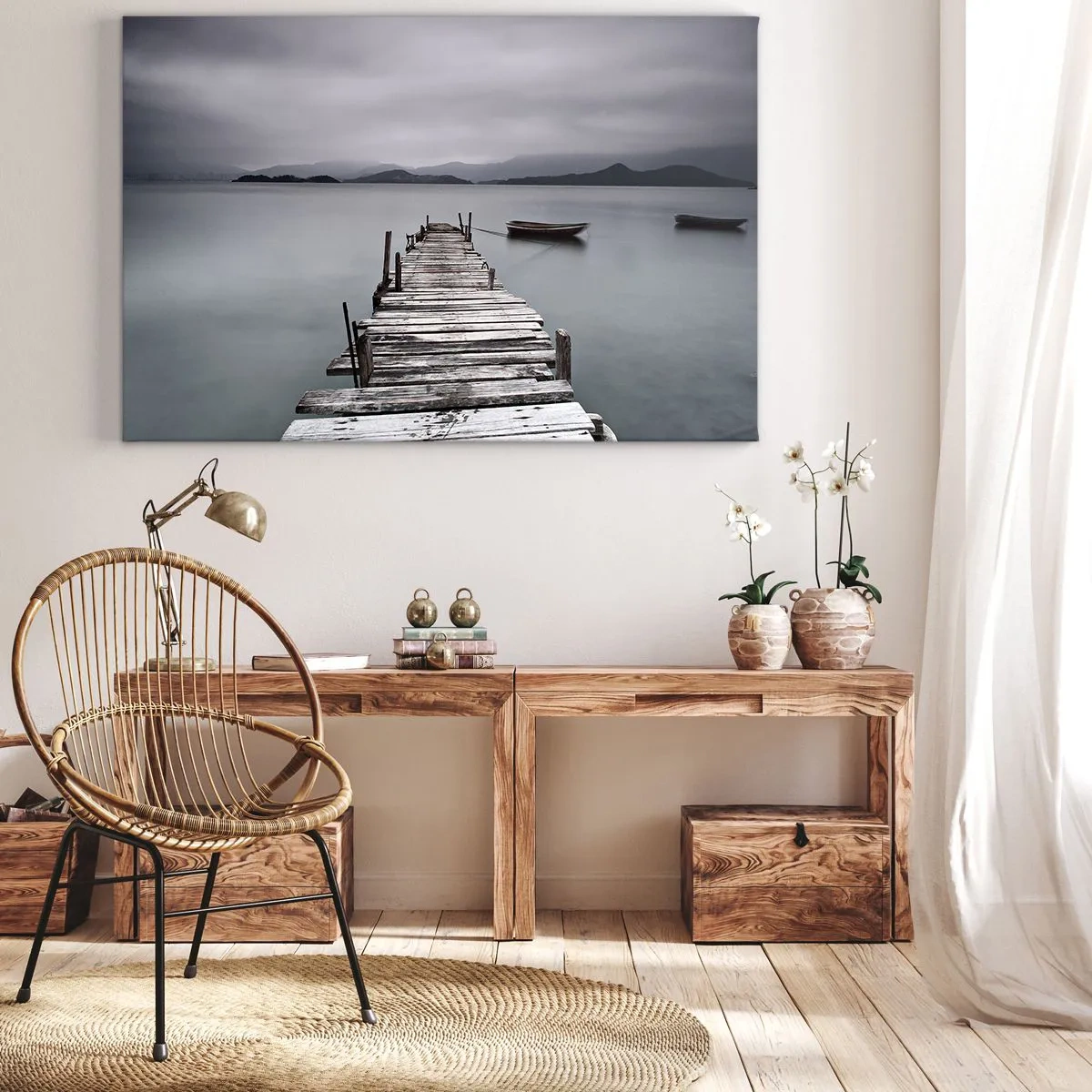 Bild auf Leinwand - Leinwandbild - Eine Holzbrücke, die zur ruhigen Oberfläche des Sees führt - 120x80cm - Du kannst morgen gehen - Moderne Wanddekoration für Wohnzimmer und Schlafzimmer ARTTOR