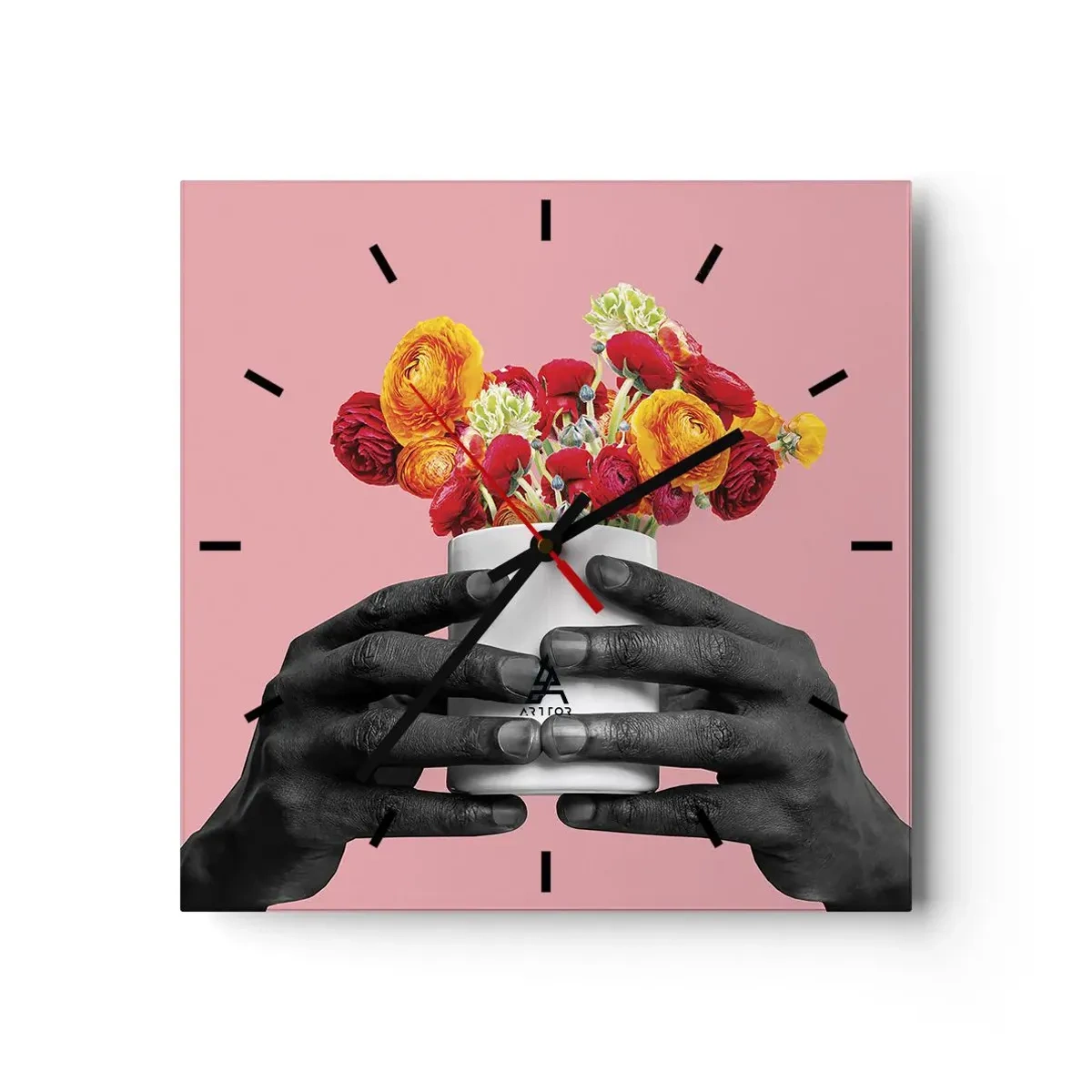 Wanduhr - Glasuhr - Hände halten einen Strauß bunter Blumen - 30x30cm - Die Apotheose des Lebens - Moderne Wanddekoration für Wohnzimmer und Schlafzimmer ARTTOR