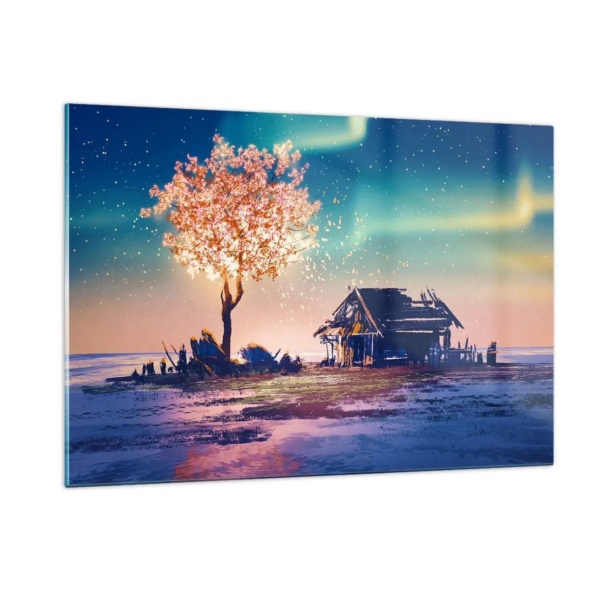 Glasbild - Bild auf glas - Eine zauberhafte Landschaft mit einem blühenden Baum und einem Häuschen - 120x80cm - Die Natur vergeht nicht - Moderne Wanddekoration für Wohnzimmer und Schlafzimmer ARTTOR