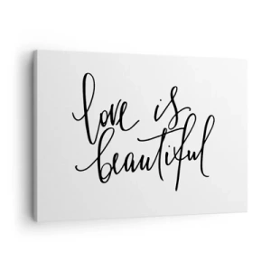 Bild auf Leinwand - Leinwandbild - Schwarze Aufschrift „Liebe ist schön“ auf weißem Hintergrund - 70x50cm - Lies und wiederhol - Moderne Wanddekoration für Wohnzimmer und Schlafzimmer ARTTOR
