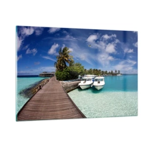 Glasbild - Bild auf glas - Exotischer Pier, Boote und türkisfarbenes Wasser - 120x80cm - Doch das Paradies gibt es - Moderne Wanddekoration für Wohnzimmer und Schlafzimmer ARTTOR