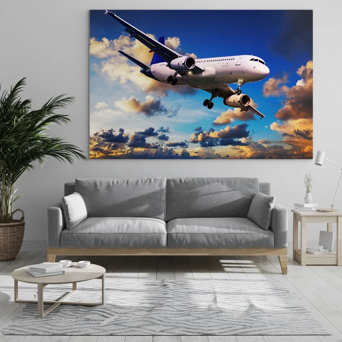 Glasbild - Bild auf glas - Ein Flugzeug im Flug vor einem malerischen Himmel - 100x70cm - Eine Reise in Weiß und Blau - Moderne Wanddekoration für Wohnzimmer und Schlafzimmer ARTTOR