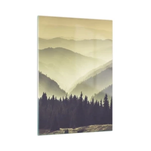 Glasbild - Bild auf glas - Ein nebliger Blick auf eine Bergkette mit einem dunklen Wald im Vordergrund - 50x70cm - Hinter den sieben Bergen ... - Moderne Wanddekoration für Wohnzimmer und Schlafzimmer ARTTOR