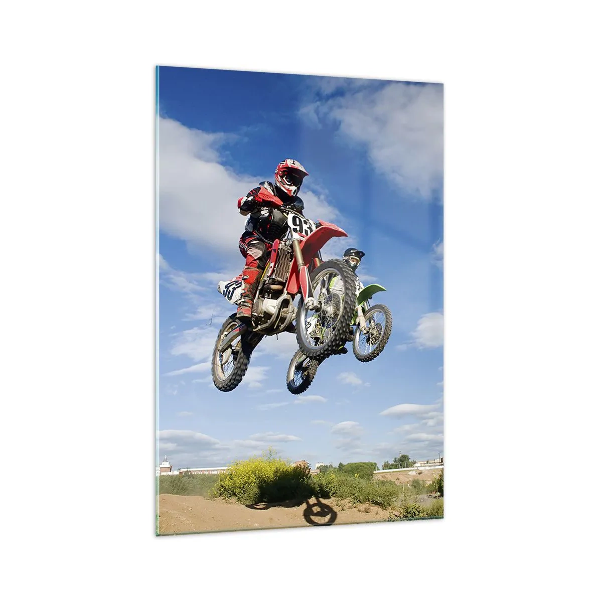 Glasbild - Bild auf glas - Fahrer auf Motocross-Motorrädern in der Luft während eines Sprunges - 70x100cm - Himmelssprung - Moderne Wanddekoration für Wohnzimmer und Schlafzimmer ARTTOR