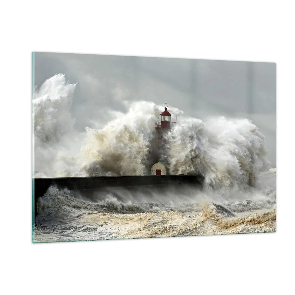 Glasbild - Bild auf glas - Ein Leuchtturm, umgeben von mächtigen Wellen - 120x80cm - Die Wut des Ozeans - Moderne Wanddekoration für Wohnzimmer und Schlafzimmer ARTTOR