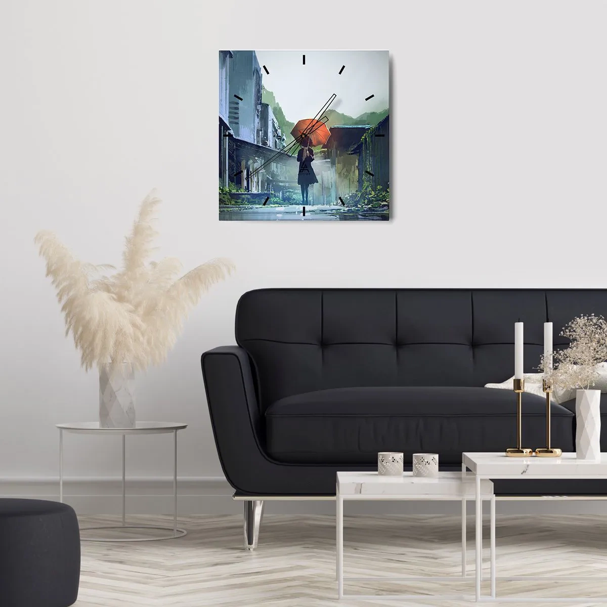 Wanduhr - Glasuhr - Eine Figur mit einem Regenschirm in einer verregneten Stadt - 30x30cm - Belebender Regen - Moderne Wanddekoration für Wohnzimmer und Schlafzimmer ARTTOR