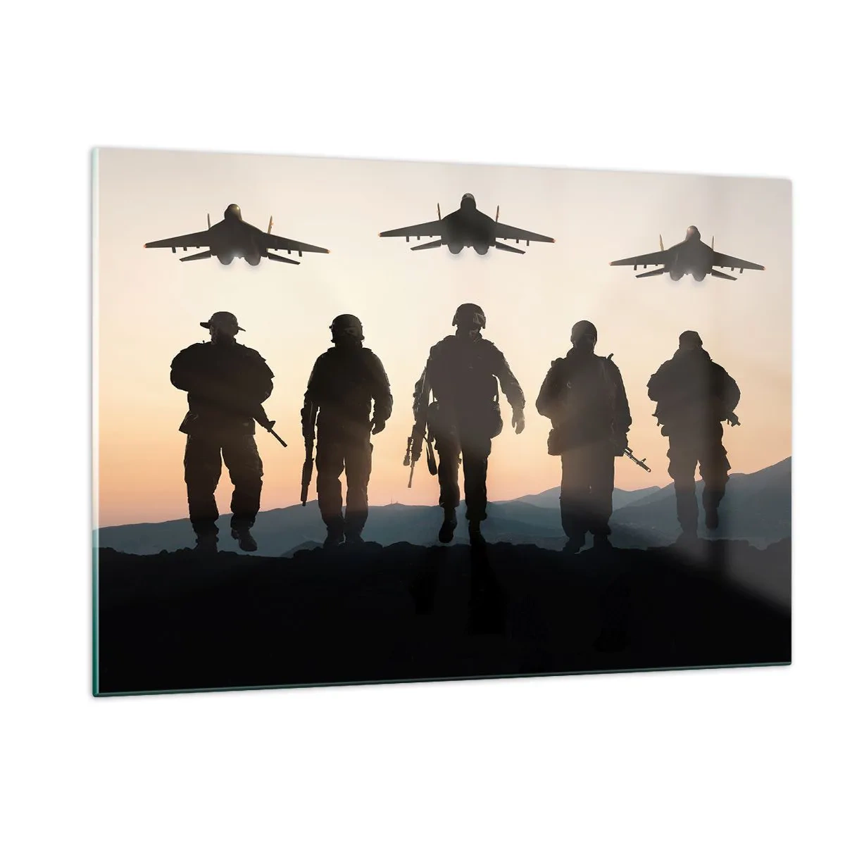 Glasbild - Bild auf glas - Soldaten vor der Kulisse der untergehenden Sonne und Jets - 120x80cm - Willkommen in unserer Welt - Moderne Wanddekoration für Wohnzimmer und Schlafzimmer ARTTOR