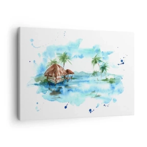 Bild auf Leinwand - Leinwandbild - Aquarellmalerei einer tropischen Landschaft mit Häusern und Palmen - 70x50cm - Irgendwo im Pazifik - Moderne Wanddekoration für Wohnzimmer und Schlafzimmer ARTTOR