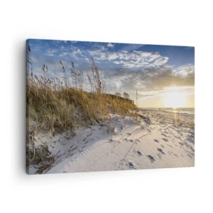 Bild auf Leinwand - Leinwandbild - Dünen mit Gras und Fußspuren im Sand bei Sonnenuntergang - 70x50cm - Einladung zu einem Spaziergang - Moderne Wanddekoration für Wohnzimmer und Schlafzimmer ARTTOR