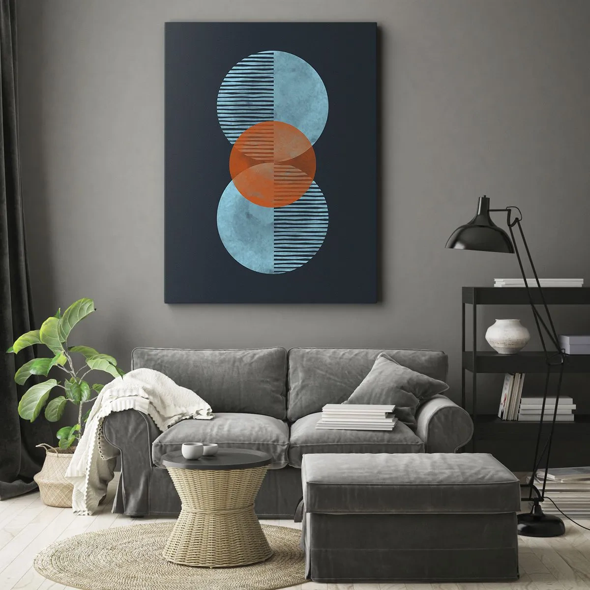Bild auf Leinwand - Leinwandbild - Geometrische Kreise in Blau- und Orangetönen - 50x70cm - Symmetrische Komposition - Moderne Wanddekoration für Wohnzimmer und Schlafzimmer ARTTOR