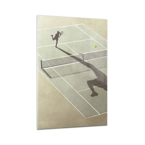 Glasbild - Bild auf glas - Der Schatten eines Tennisspielers auf dem Platz während eines Tennisspiels - 70x100cm - Überwinde dich selbst - Moderne Wanddekoration für Wohnzimmer und Schlafzimmer ARTTOR