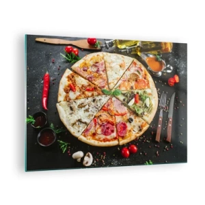 Glasbild - Bild auf glas - Pizza in verschiedenen Geschmacksrichtungen mit Belag auf dunklem Hintergrund - 70x50cm - Eine Reihe von Geschmacksrichtungen - Moderne Wanddekoration für Wohnzimmer und Schlafzimmer ARTTOR